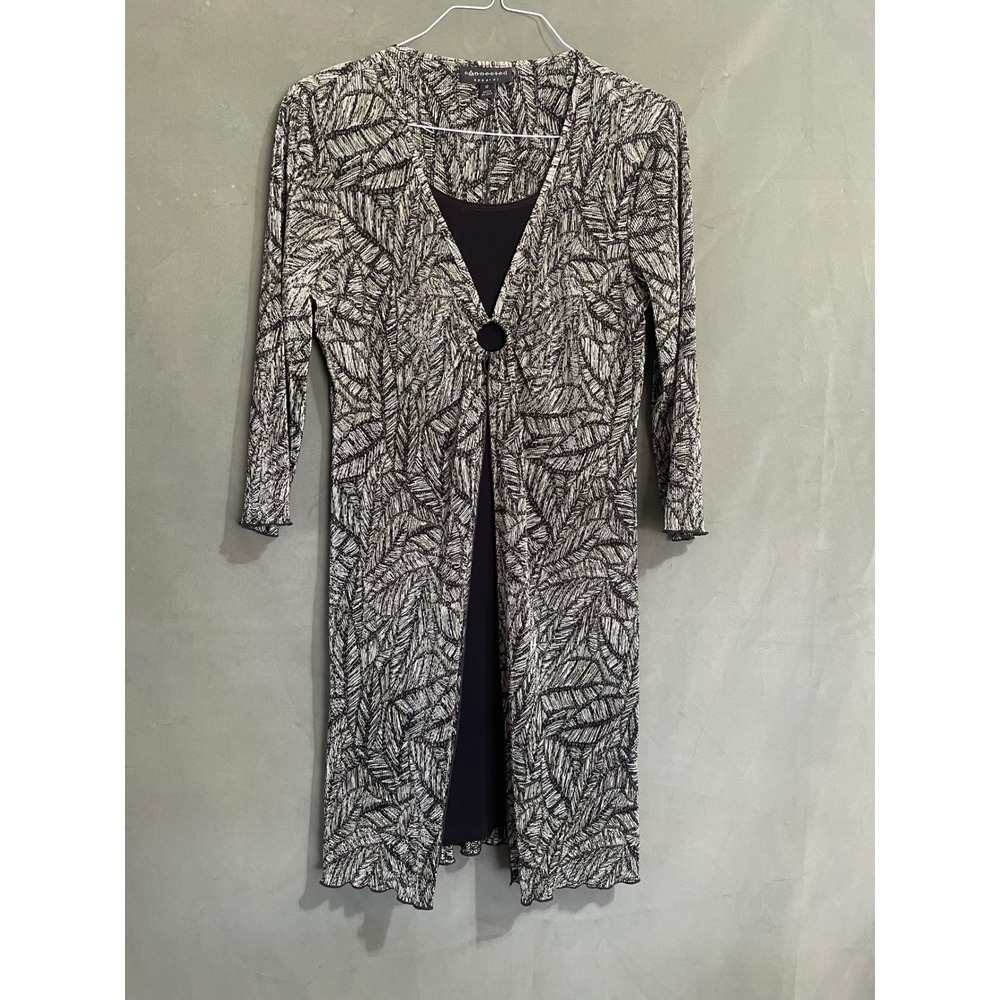Connected Apparel Faux Wrap Dress Black White Leaf Print O-Ring Y2K Women 12 295